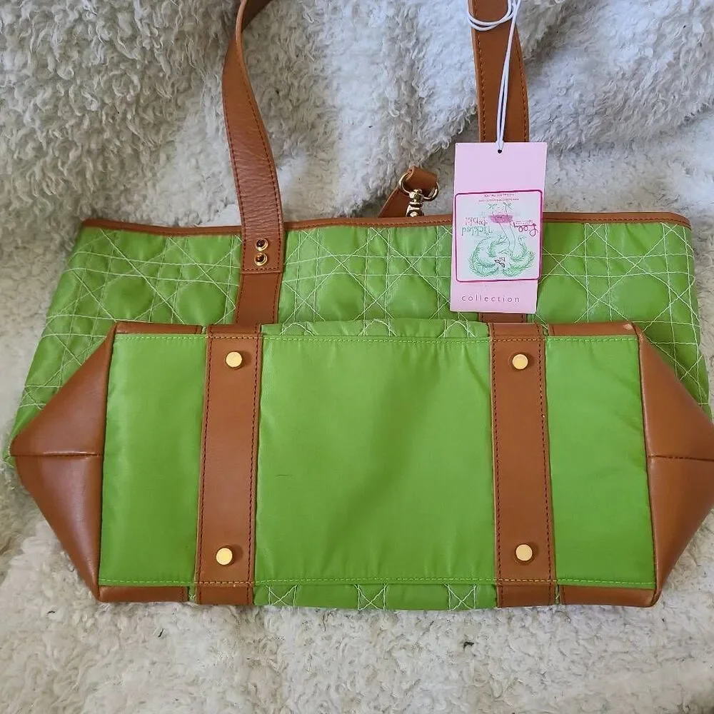 Lilly Pulitzer Off The Wagon Quilted Green Canvas Tote Shoulder Bag NWT‎